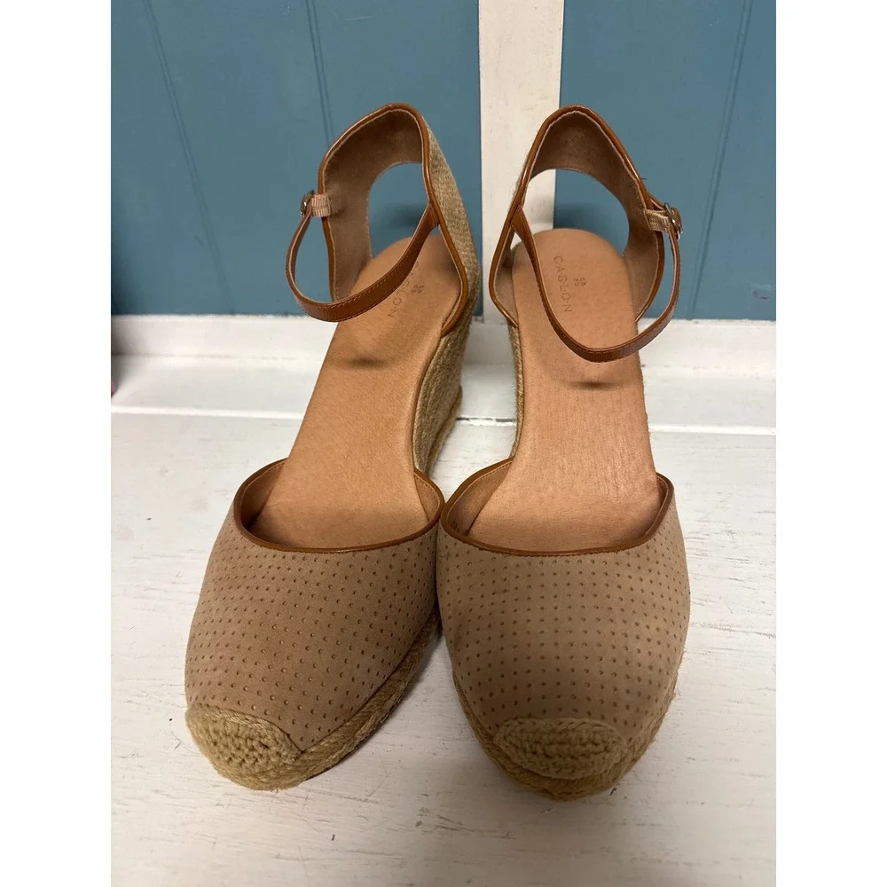 CASLON Women Tan Perforated Espadrille Wedge Ankle Strap Shoes Size 12M